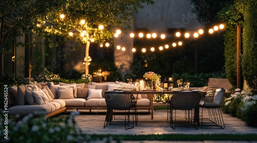 Luxurious garden party setting with stylish outdoor furniture, string lights, and a beautifully decorated table photo