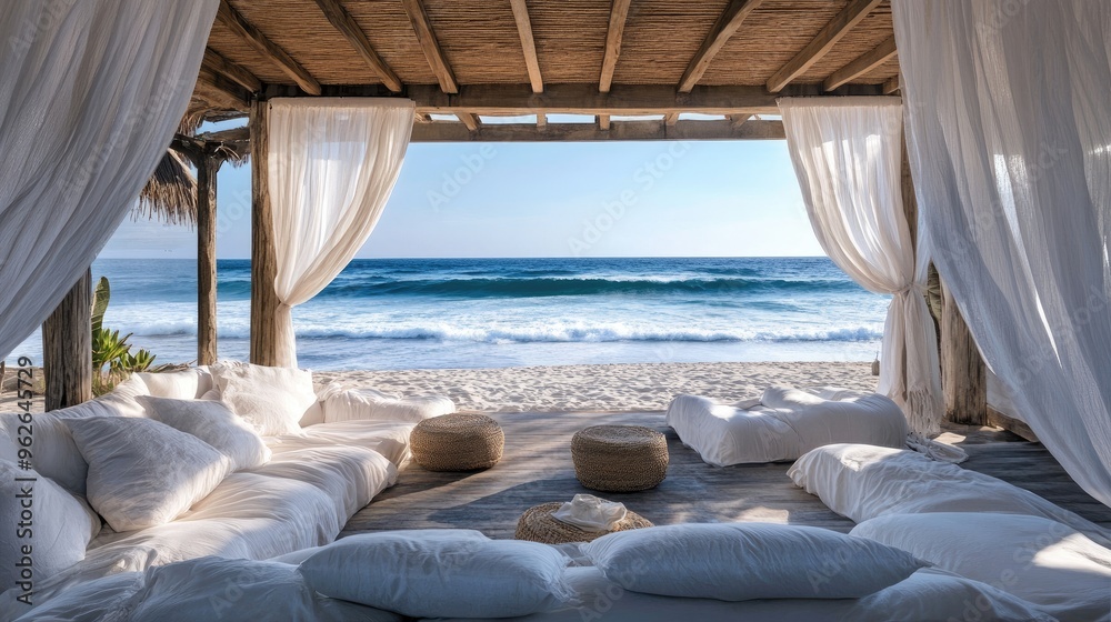 Fototapeta premium Luxurious private beach cabana with white drapes, plush cushions, and a view of the ocean waves