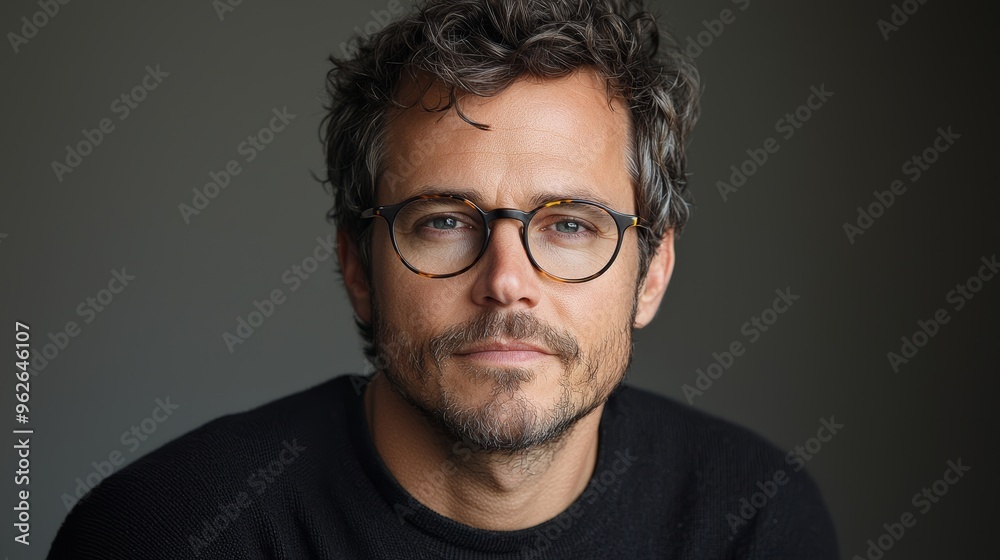 A thoughtful man with tousled hair and glasses gazes directly at the camera in a minimalist indoor setting A thoughtful man with tousled hair and glasses gazes directly at the camera in a minimalist indoor setting