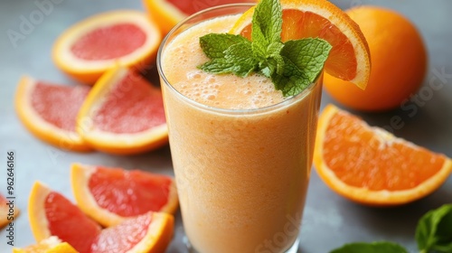 Refreshing citrus smoothie with orange and grapefruit in a tall glass, garnished with mint leaves and citrus slices