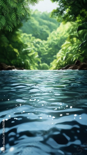 abstract watercolor background of a tranquil river with lush green tropical foliage in the distance