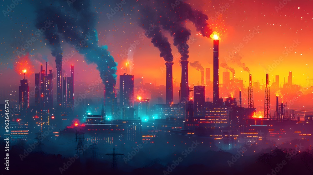 Obraz premium A stunning energy hub with neon-lit power plants, fiery smokestacks, and vibrant colors. Solid backdrop, energetic atmosphere evoking industrial power and transformation. Futuristic Urban Landscape