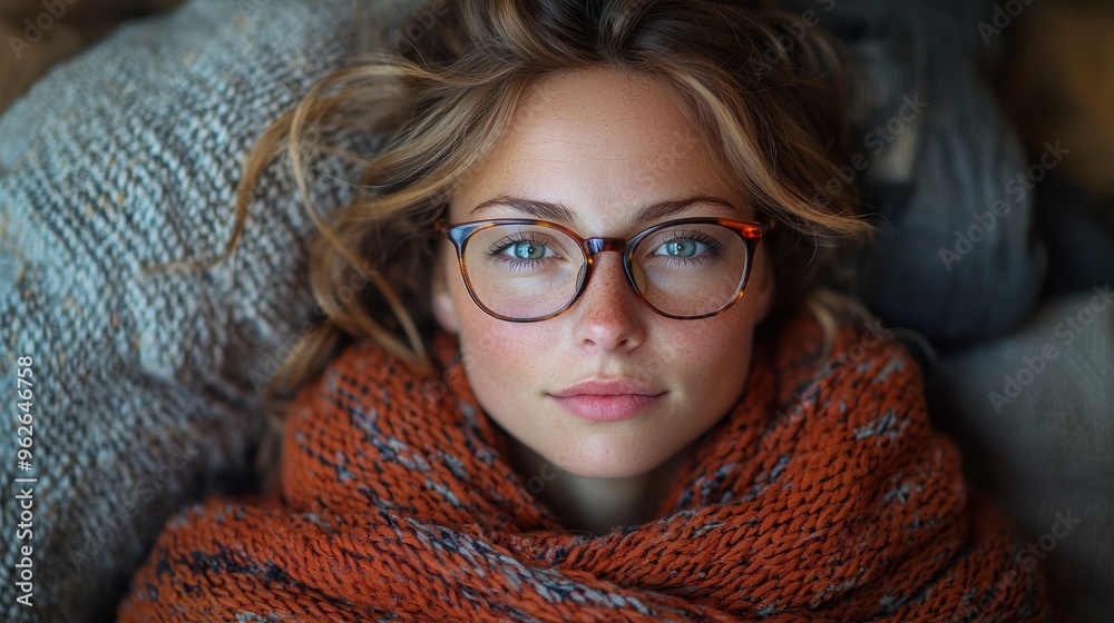 Cozy indoor portrait of a young woman wrapped in a warm blanket gazing thoughtfully while relaxing at home in autumn Cozy indoor portrait of a young woman wrapped in a warm blanket gazing thoughtfully while relaxing at home in autumn