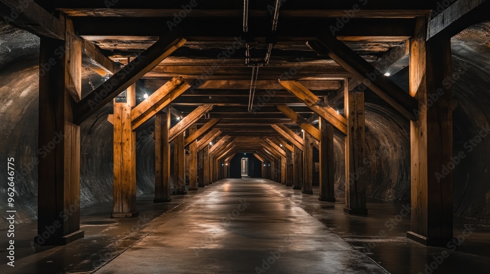 A dimly lit corridor with wooden beams and a smooth floor, suggesting an industrial space. A dimly lit corridor with wooden beams and a smooth floor, suggesting an industrial space.