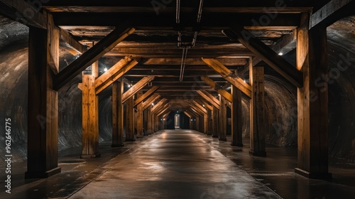 A dimly lit corridor with wooden beams and a smooth floor, suggesting an industrial space.