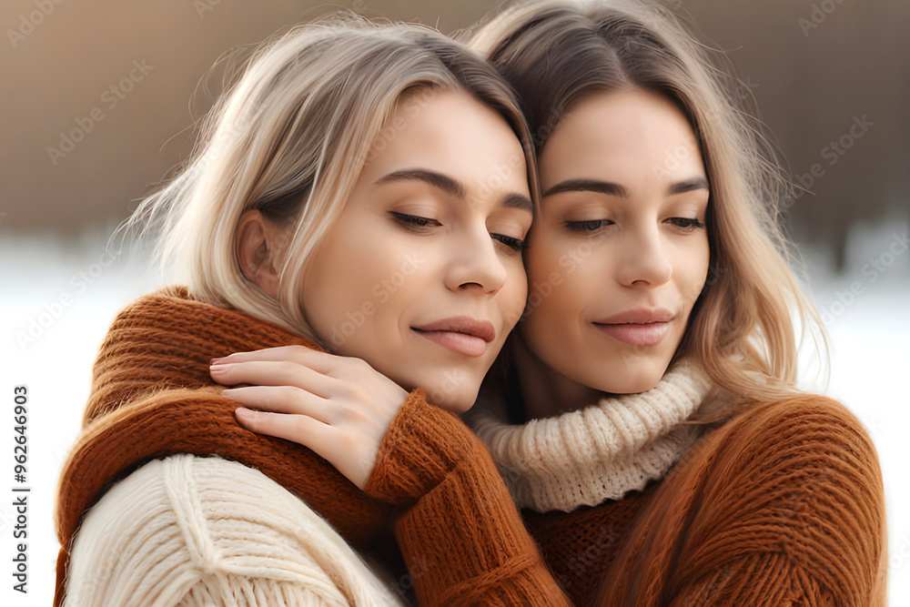 Portrait of a smiling couple in winter fashion, featuring two women with joyful expressions and close-up details of their warm sweaters and happy faces Portrait of a smiling couple in winter fashion, featuring two women with joyful expressions and close-up details of their warm sweaters and happy faces