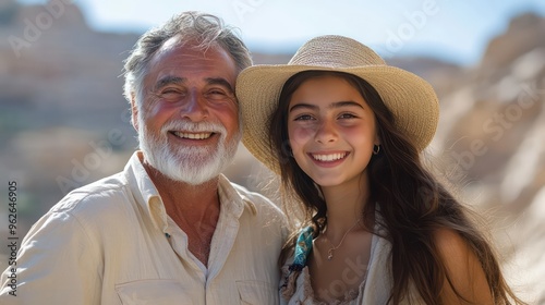 Senior man riding a camel in the Jordanian desert with his granddaughter, both smiling and wearing sun hats, ancient ruins in the background,