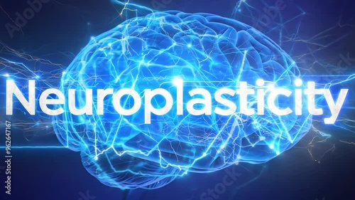 Video with the dynamic word Neuroplasticity is superimposed on a digital image of the brain, illustrating the concept of brain flexibility and neural connections.