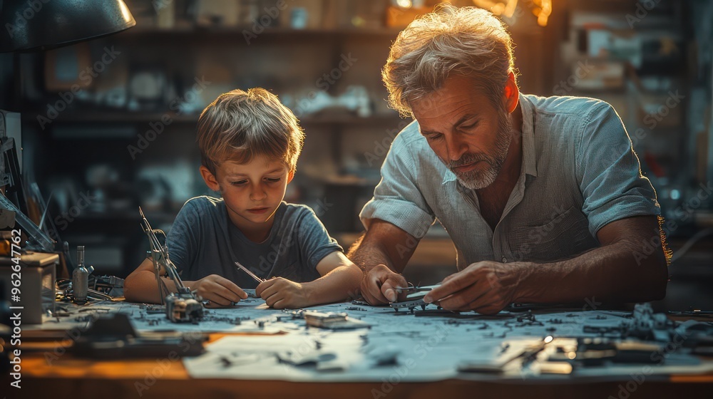 Single father and his son building a model airplane at the kitchen table, both focused and enjoying the moment, parts and tools spread across the table, bright afternoon light,
