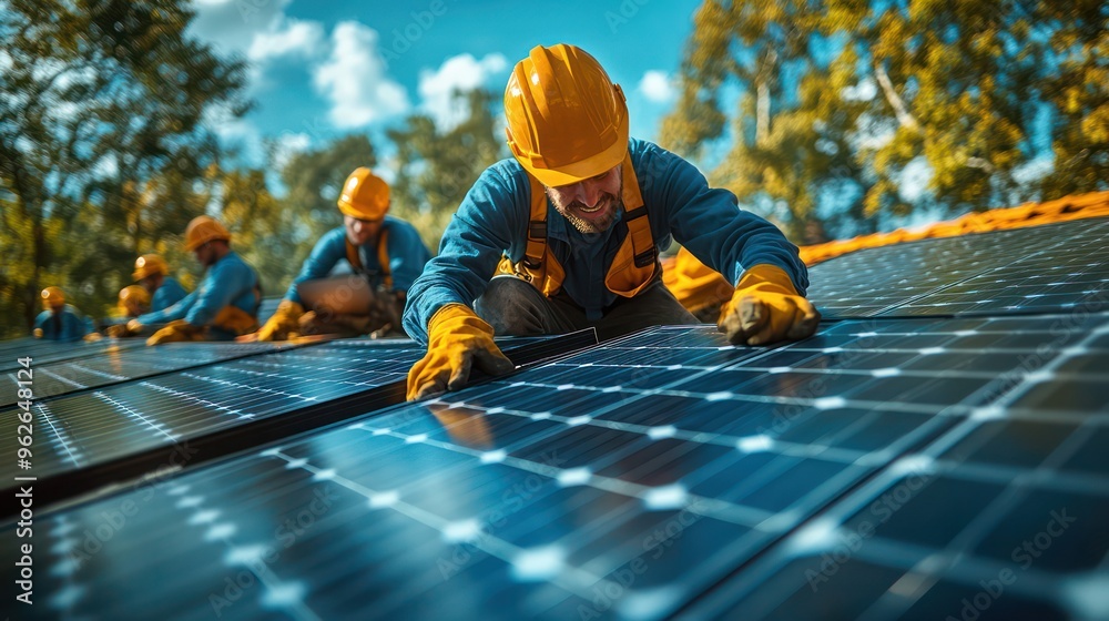 Solar panel installers working on a roof, joking about the hottest spots, bright sunny day, renewable energy equipment around, Solar panel installers working on a roof, joking about the hottest spots, bright sunny day, renewable energy equipment around,