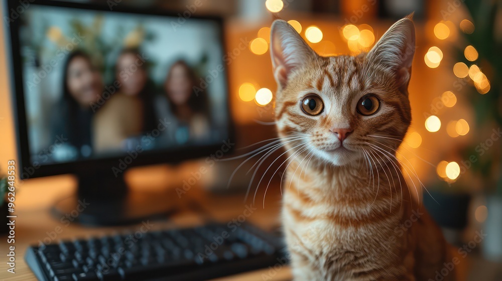 Teacher giving a virtual lesson from home, cat jumping on the keyboard during a video call, students laughing on the screen, home office setting, Teacher giving a virtual lesson from home, cat jumping on the keyboard during a video call, students laughing on the screen, home office setting,