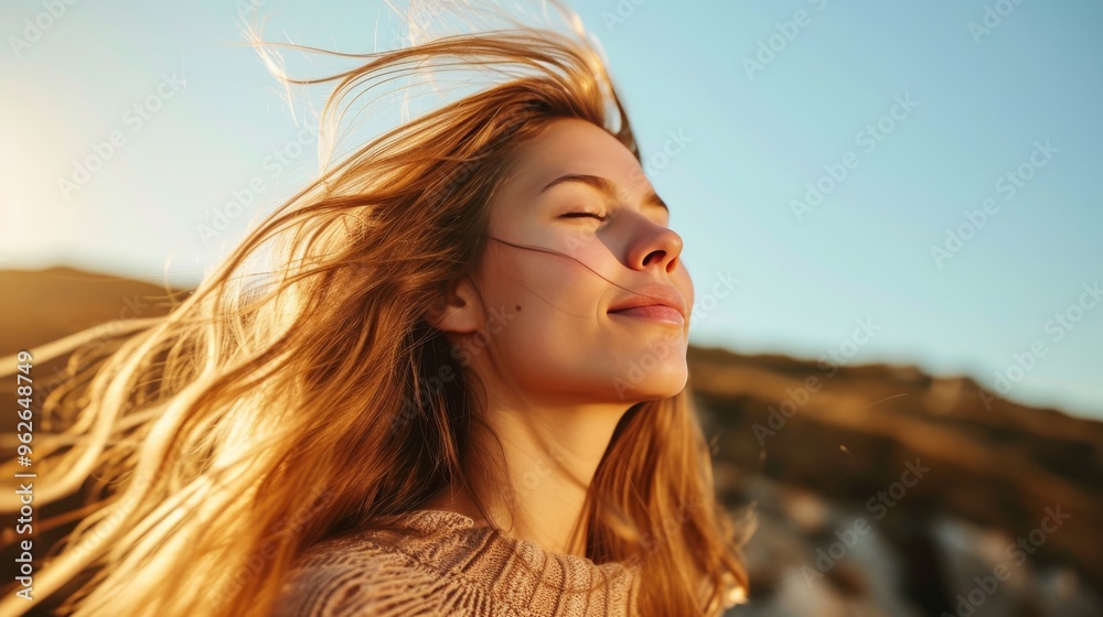 A young woman basks in the sunlight with her eyes closed and hair blowing in the wind. The golden light enhances her peaceful expression, creating a serene and joyful moment. A young woman basks in the sunlight with her eyes closed and hair blowing in the wind. The golden light enhances her peaceful expression, creating a serene and joyful moment.