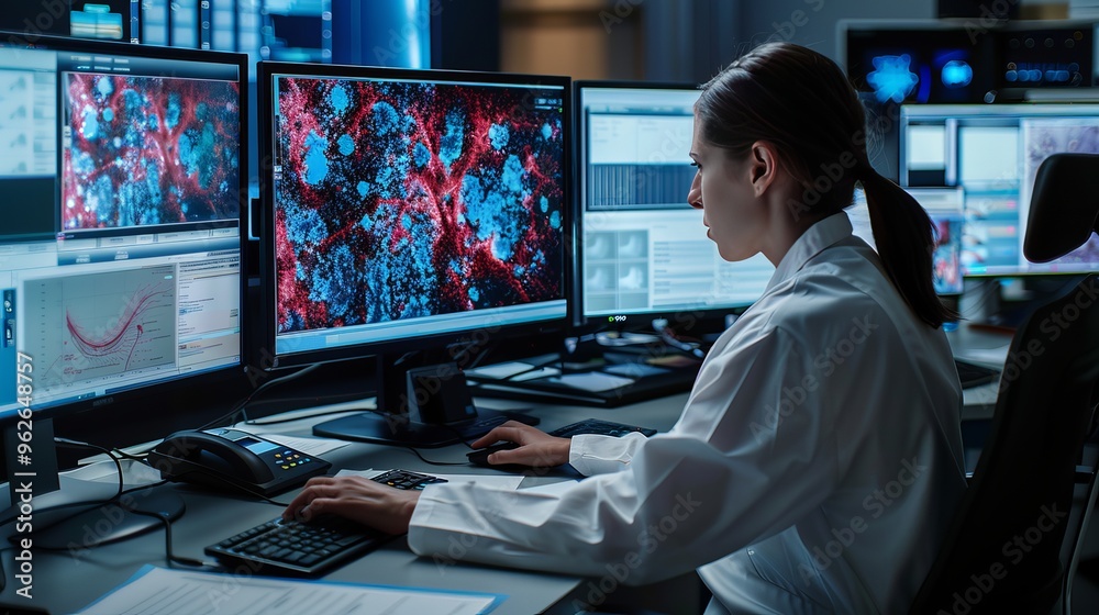 Naklejka premium Crime Prevention Expert Analyzing Blood Samples at Forensic Lab from Recent Crime Scene