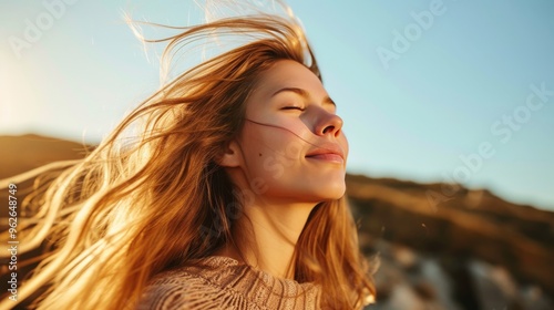 A young woman basks in the sunlight with her eyes closed and hair blowing in the wind. The golden light enhances her peaceful expression, creating a serene and joyful moment.