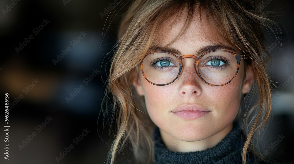 Young woman with glasses and tousled hair poses confidently in a cozy indoor setting during daylight hours Young woman with glasses and tousled hair poses confidently in a cozy indoor setting during daylight hours