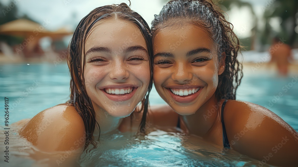 Two friends attempting to do synchronized swimming in a community pool, both laughing as they try to match moves, bright and cheerful setting, Two friends attempting to do synchronized swimming in a community pool, both laughing as they try to match moves, bright and cheerful setting,