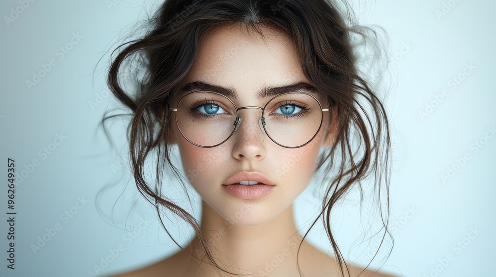 Fototapeta premium A young woman with blue eyes and tousled hair wears round glasses against a simple light backdrop, showcasing her natural beauty