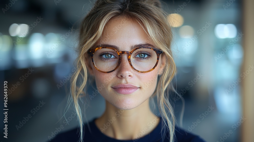 A young woman with stylish glasses poses confidently indoors in a well-lit, modern environment A young woman with stylish glasses poses confidently indoors in a well-lit, modern environment