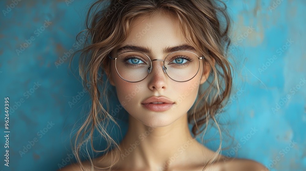 A young woman with blue eyes and curly hair poses against a teal background wearing glasses in soft natural light A young woman with blue eyes and curly hair poses against a teal background wearing glasses in soft natural light