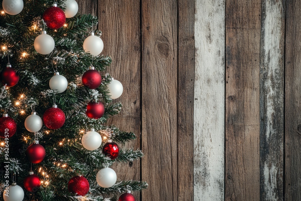 Christmas tree with red and white baubles and lights against an old wood background with generative ai Christmas tree with red and white baubles and lights against an old wood background with generative ai