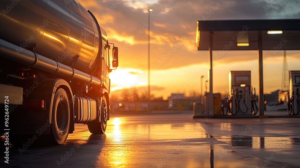 A fuel tanker at a gas station during sunset, reflecting light on wet pavement. A fuel tanker at a gas station during sunset, reflecting light on wet pavement.