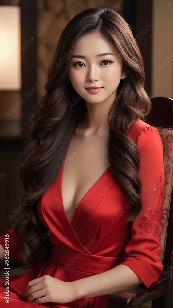 Close-up Japanese girl she is sitting on a chair wearing a red dress smiling on camera Close-up Japanese girl she is sitting on a chair wearing a red dress smiling on camera