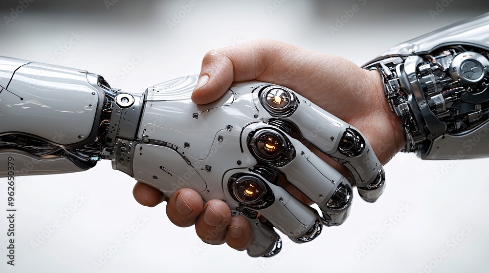 A robotic hand shaking hands with a human, representing the partnership between automation and business development. A robotic hand shaking hands with a human, representing the partnership between automation and business development.