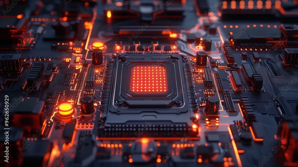 futuristic data system with quantum processor and digital mainboard CPU circuit in a cyber technology network background