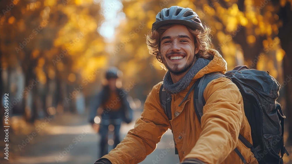 Young man trying to teach his friend how to ride a bike in a park, both laughing as the friend wobbles, trees and park benches in the background, Young man trying to teach his friend how to ride a bike in a park, both laughing as the friend wobbles, trees and park benches in the background,