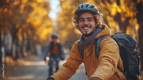 Young man trying to teach his friend how to ride a bike in a park, both laughing as the friend wobbles, trees and park benches in the background, photo