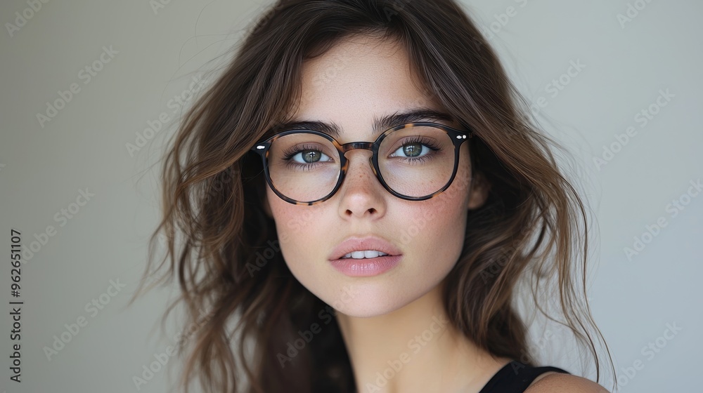 Young woman with glasses posing against a neutral background while showcasing a natural makeup look and relaxed hairstyle Young woman with glasses posing against a neutral background while showcasing a natural makeup look and relaxed hairstyle