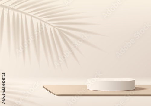 3D beige round podium background with palm coconut leaf shadow overlay. Abstract geometric composition minimalist design. Studio display showroom product pedestal, Fashion stage showcase mockup scene.