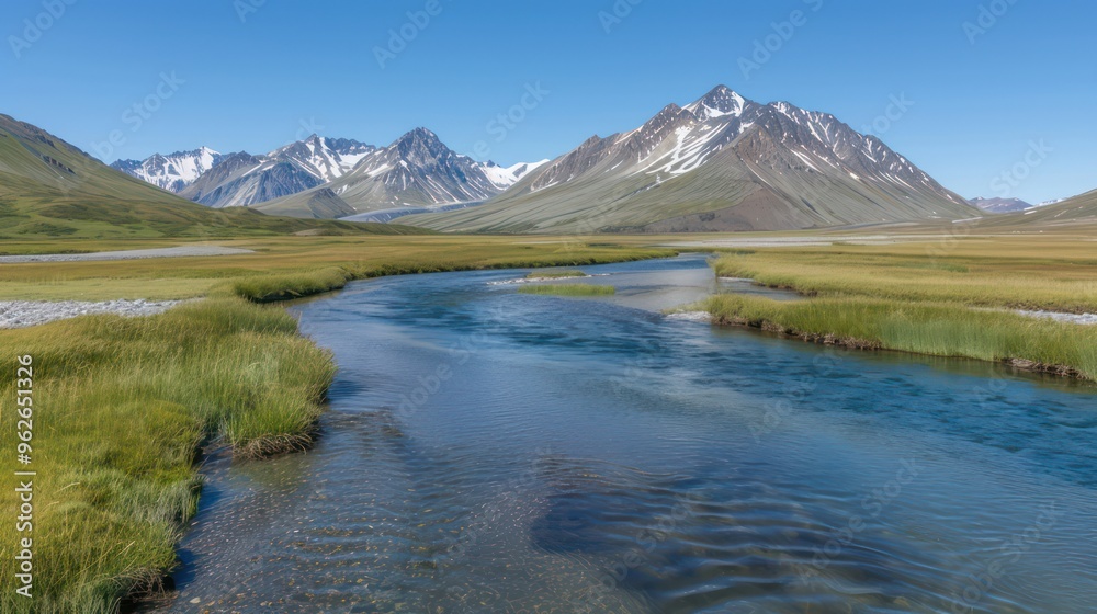 A serene landscape featuring a river flowing through green fields and mountains under a clear blue sky. A serene landscape featuring a river flowing through green fields and mountains under a clear blue sky.