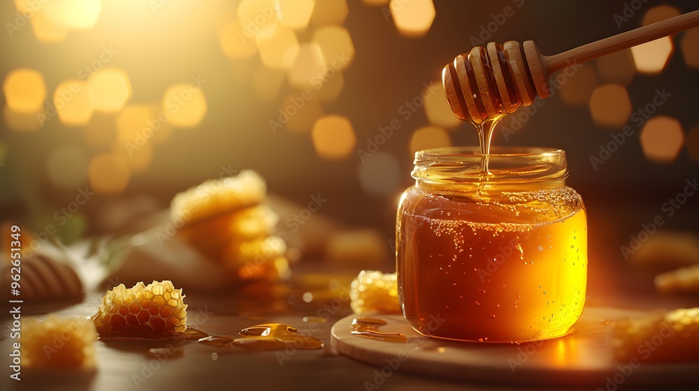 A 3D rendering of a honey jar with a wooden dipper dipping into golden honey, complemented by honeycomb and warm lighting, capturing the essence of organic sweetness A 3D rendering of a honey jar with a wooden dipper dipping into golden honey, complemented by honeycomb and warm lighting, capturing the essence of organic sweetness