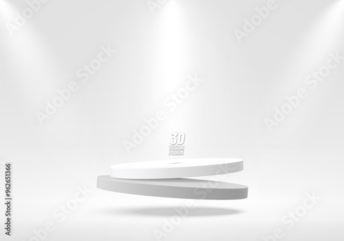 3D white round floating podium with glowing spotlight background. Abstract composition in minimalist design. 3D studio display showroom product pedestal, Fashion stage showcase, Vector mockup scene.
