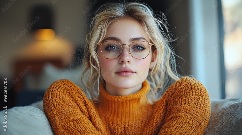 Young woman with glasses wearing a cozy orange sweater sitting indoors on a couch while looking directly at the camera Young woman with glasses wearing a cozy orange sweater sitting indoors on a couch while looking directly at the camera