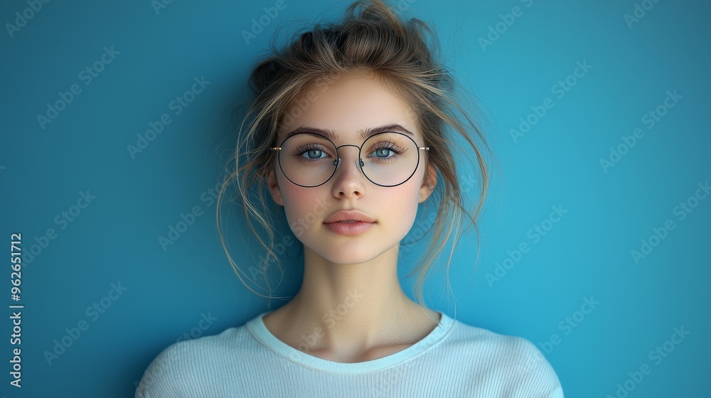 Young woman with glasses poses against a solid blue background, showcasing a casual and contemporary look Young woman with glasses poses against a solid blue background, showcasing a casual and contemporary look