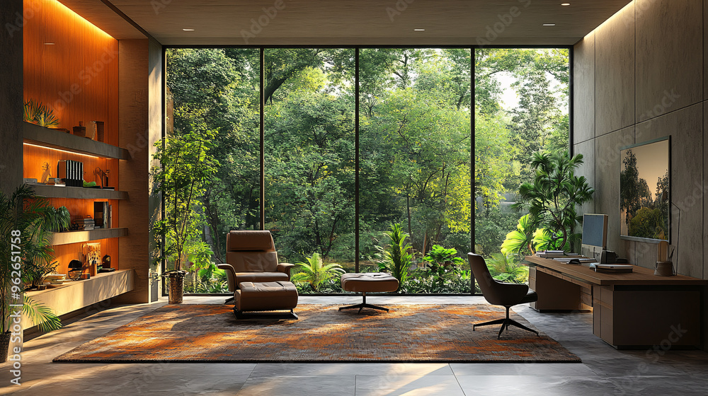 Modern corporate office with open space, forest view from the window, creating a calming and productive workspace for the modern lifestyle. Modern corporate office with open space, forest view from the window, creating a calming and productive workspace for the modern lifestyle.