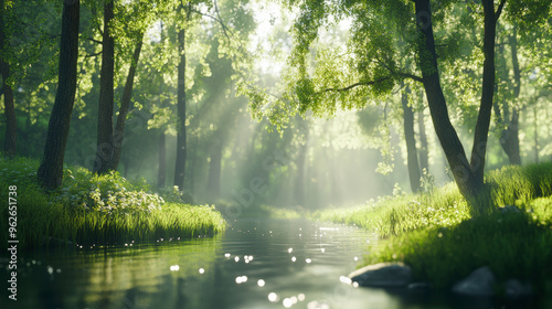 Sunlight streams through a serene forest, illuminating a peaceful river meandering through lush greenery and casting a tranquil, ethereal glow on the surroundings.