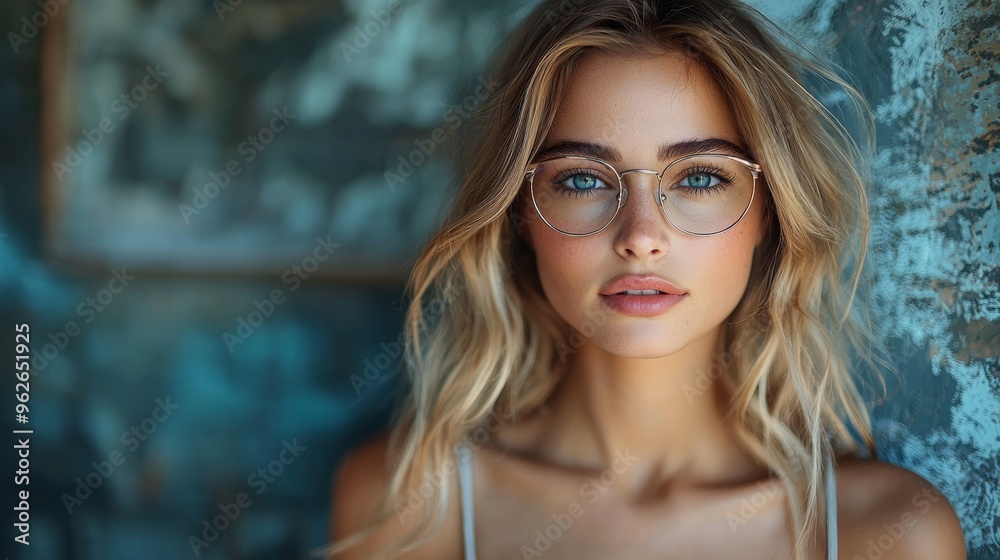 Natural portrait of a young woman with glasses showcasing blue eyes and wavy hair, illuminated by soft light against a textured wall Natural portrait of a young woman with glasses showcasing blue eyes and wavy hair, illuminated by soft light against a textured wall