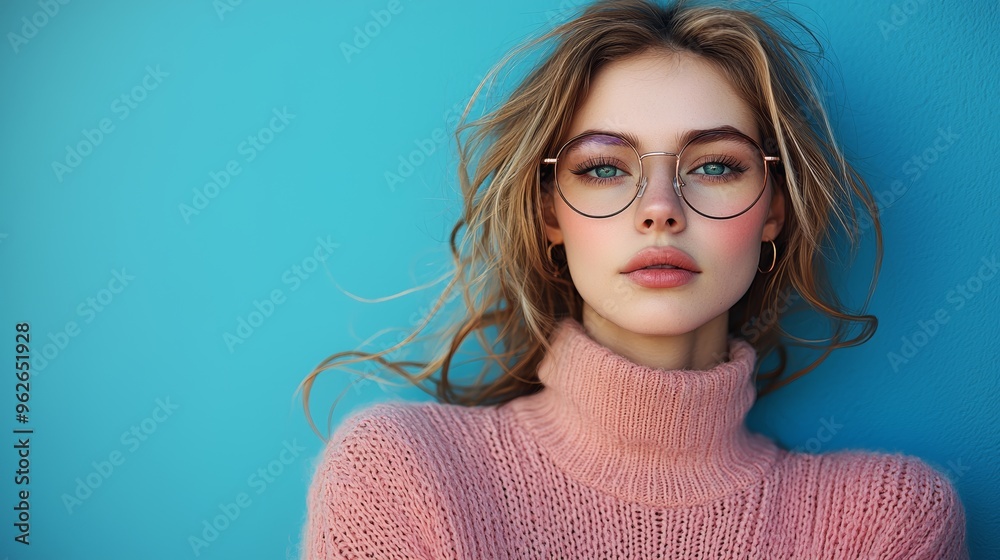 A stylish young woman in a pink sweater and glasses poses against a vibrant blue background in soft natural light A stylish young woman in a pink sweater and glasses poses against a vibrant blue background in soft natural light