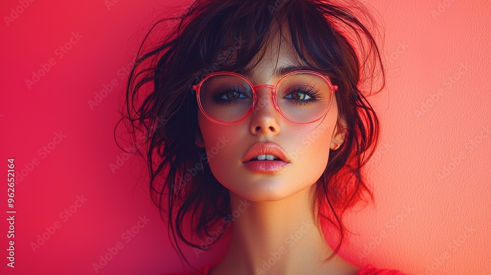 A young woman with stylish pink glasses poses against a vibrant coral backdrop, showcasing a trendy and modern aesthetic in soft lighting A young woman with stylish pink glasses poses against a vibrant coral backdrop, showcasing a trendy and modern aesthetic in soft lighting