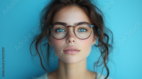 A young woman with blue eyes and curly hair poses against a vibrant blue background while wearing stylish glasses
