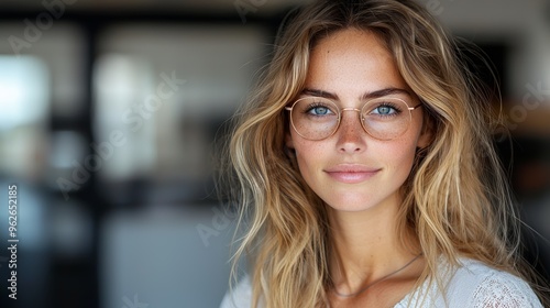 Wallpaper Mural Young woman with blonde hair and glasses smiling indoors at a modern workspace during daylight hours Torontodigital.ca