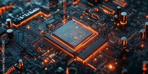 abstract future technology with digital mainboard and CPU circuit connecting quantum data processor in a cyber system background