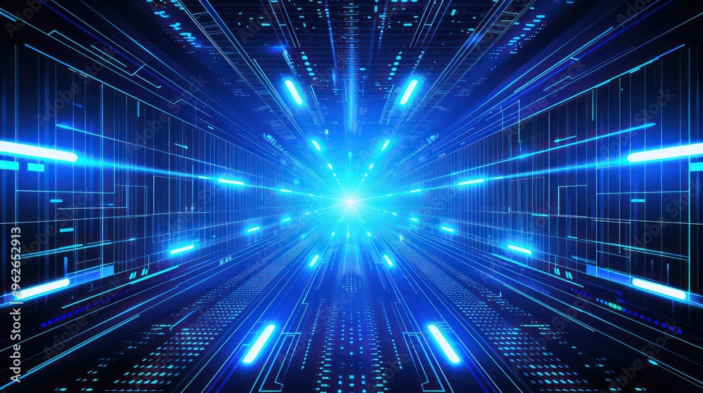 A futuristic digital landscape with blue light beams creating a sense of depth and motion.