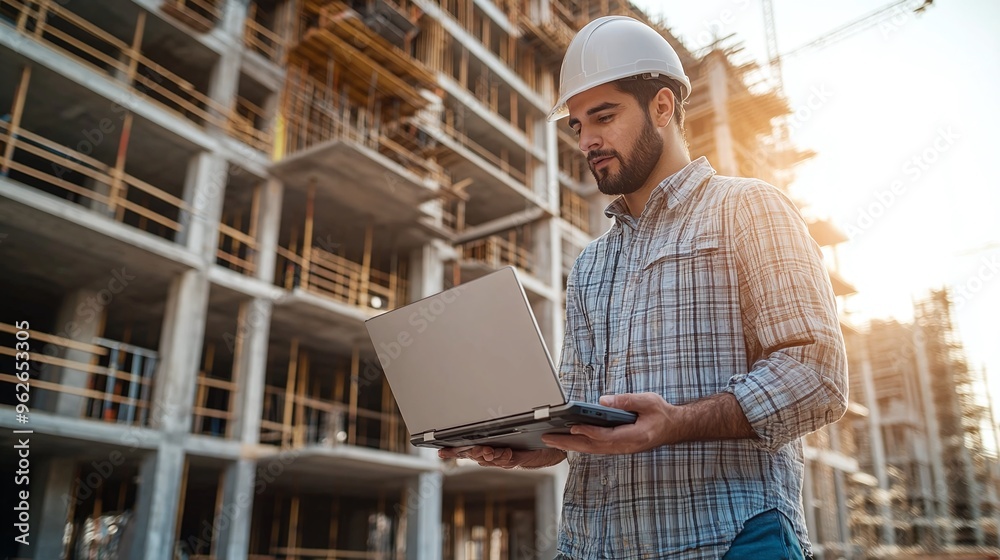engineer on a construction site, working with a laptop and holding it, with the building site and background visible, illustrating the blend of technology and site management engineer on a construction site, working with a laptop and holding it, with the building site and background visible, illustrating the blend of technology and site management