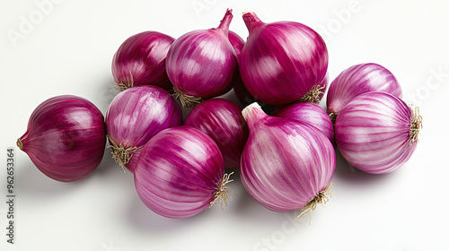 A bunch of fresh, vibrant purple onions is displayed on a white background, showcasing their rich color and glossy texture.