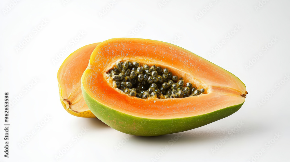 Two halves of a ripe papaya are displayed, showing their vibrant orange flesh and numerous small black seeds inside. Two halves of a ripe papaya are displayed, showing their vibrant orange flesh and numerous small black seeds inside.
