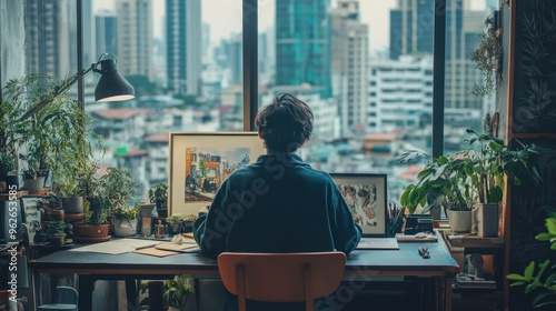 Cozy and Creative Home Office Overlooking City Skyline